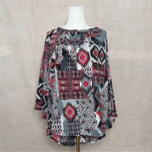 Dear Scarlett Chic Geometric Tribal Patchwork Print Blouse in Red & Gray